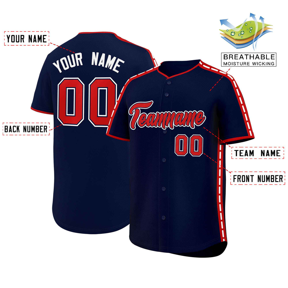 Custom Navy Red Color Block Personalized Side Dotted Line Authentic Baseball Jersey| KXKSHOP