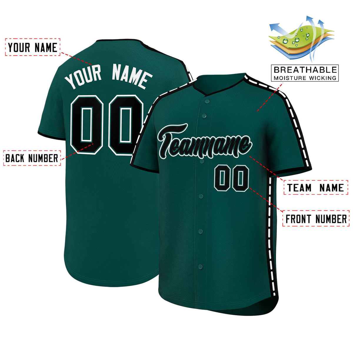 Custom Midnight Green Black Color Block Personalized Side Dotted Line Authentic Baseball Jersey| KXKSHOP