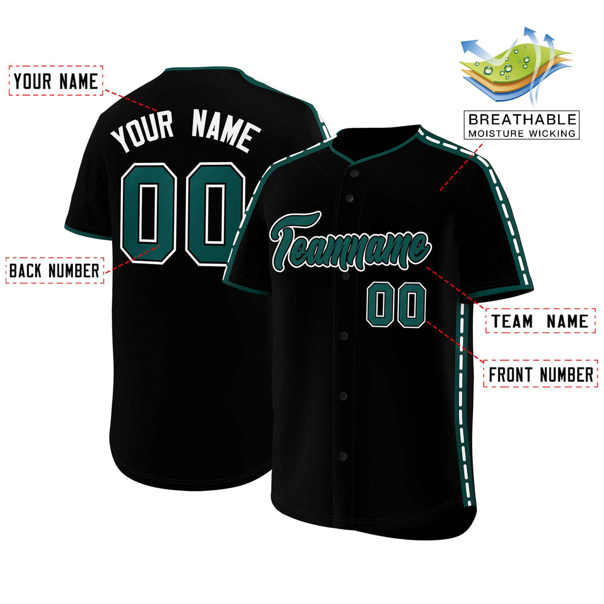 Custom Black Midnight Green Color Block Personalized Side Dotted Line Authentic Baseball Jersey| KXKSHOP