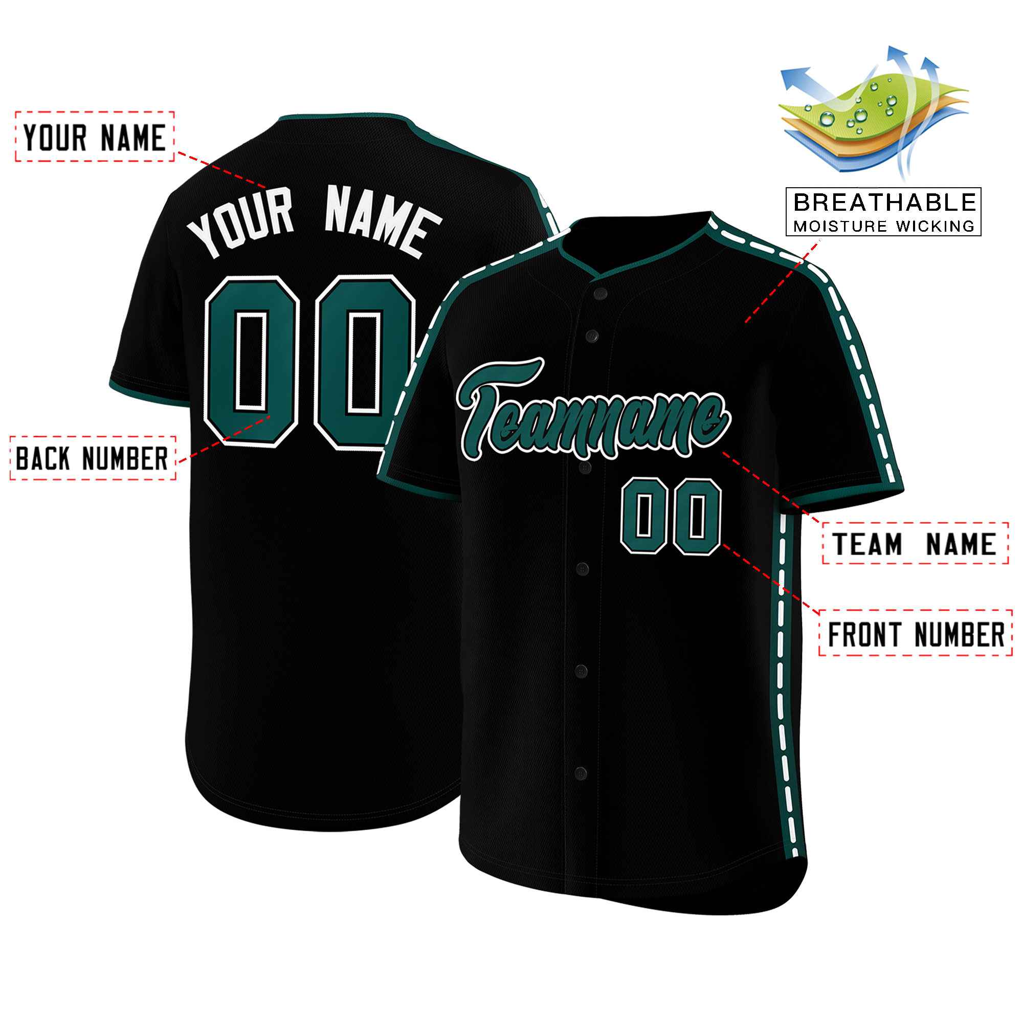 Custom Black Midnight Green Color Block Personalized Side Dotted Line Authentic Baseball Jersey| KXKSHOP