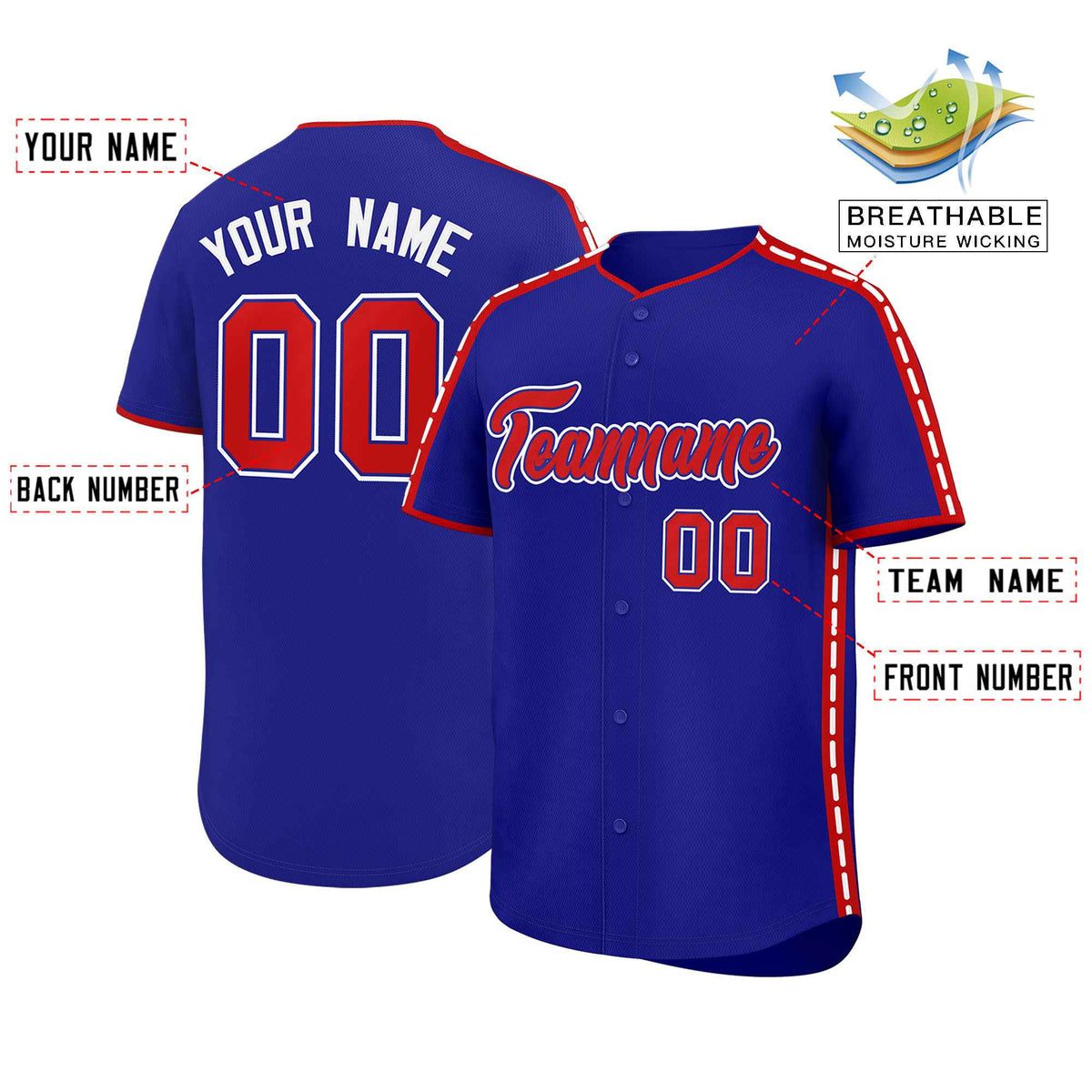 Custom Royal Red Color Block Personalized Side Dotted Line Authentic Baseball Jersey| KXKSHOP