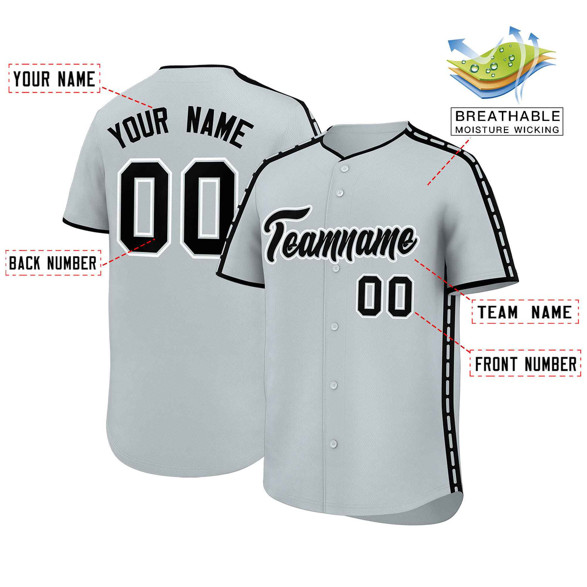 Custom Silver Black Color Block Personalized Side Dotted Line Authentic Baseball Jersey| KXKSHOP