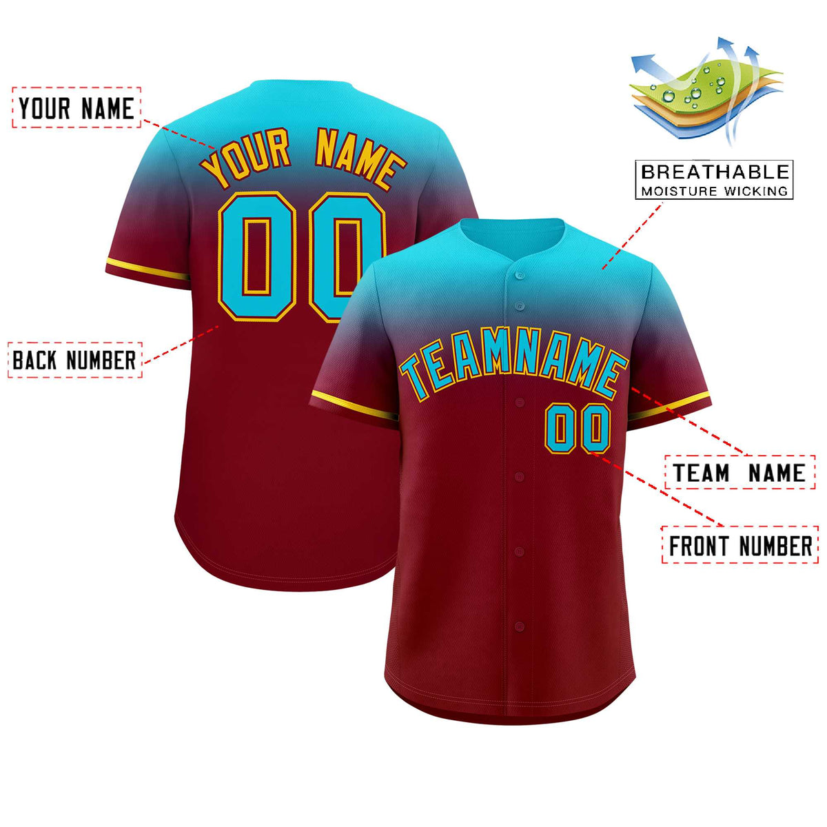 Custom Crimson Sky Blue Gradient Fashion Design Authentic Baseball Jersey | KXKSHOP