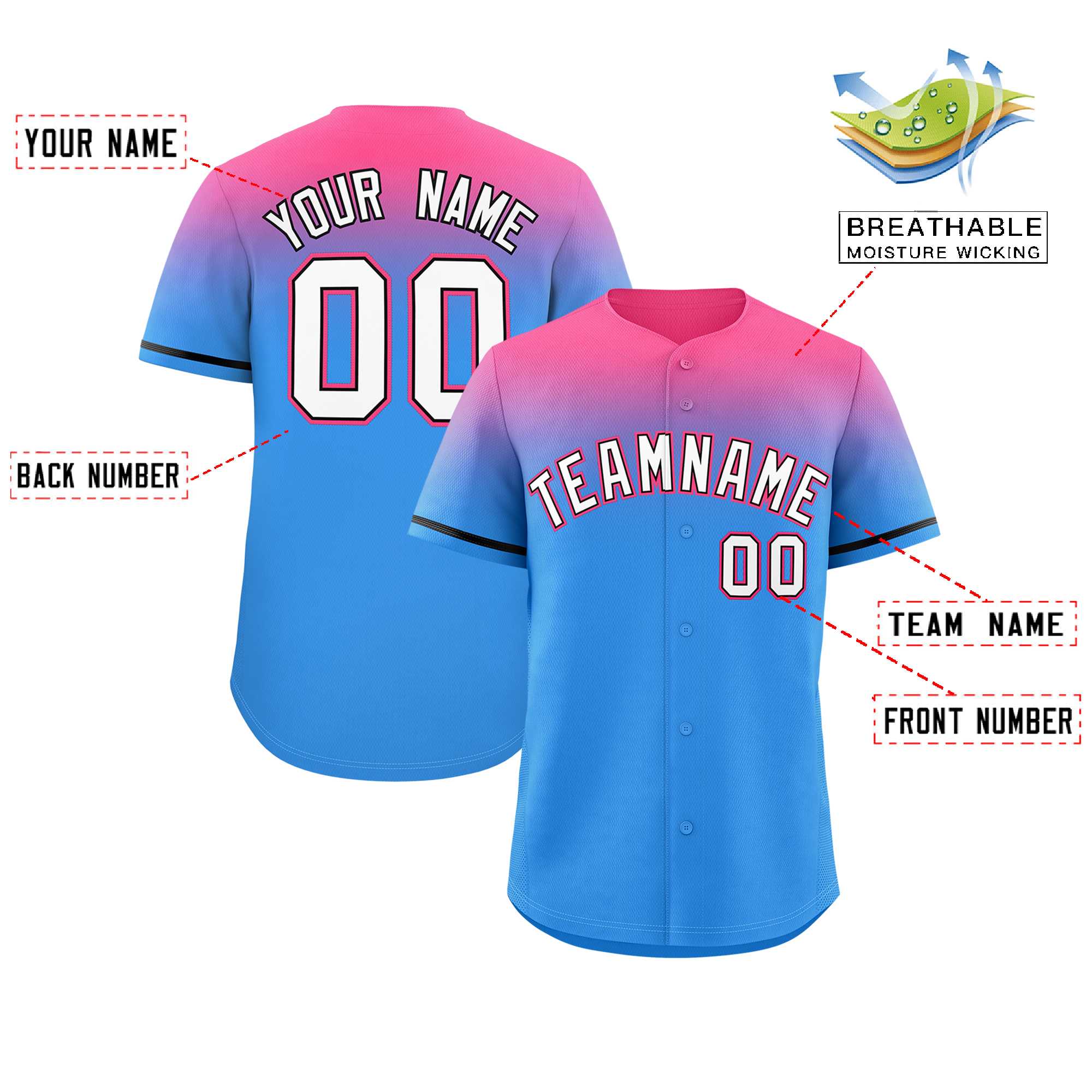 Custom Powder Blue Pink Gradient Fashion Design Authentic Baseball Jersey | KXKSHOP