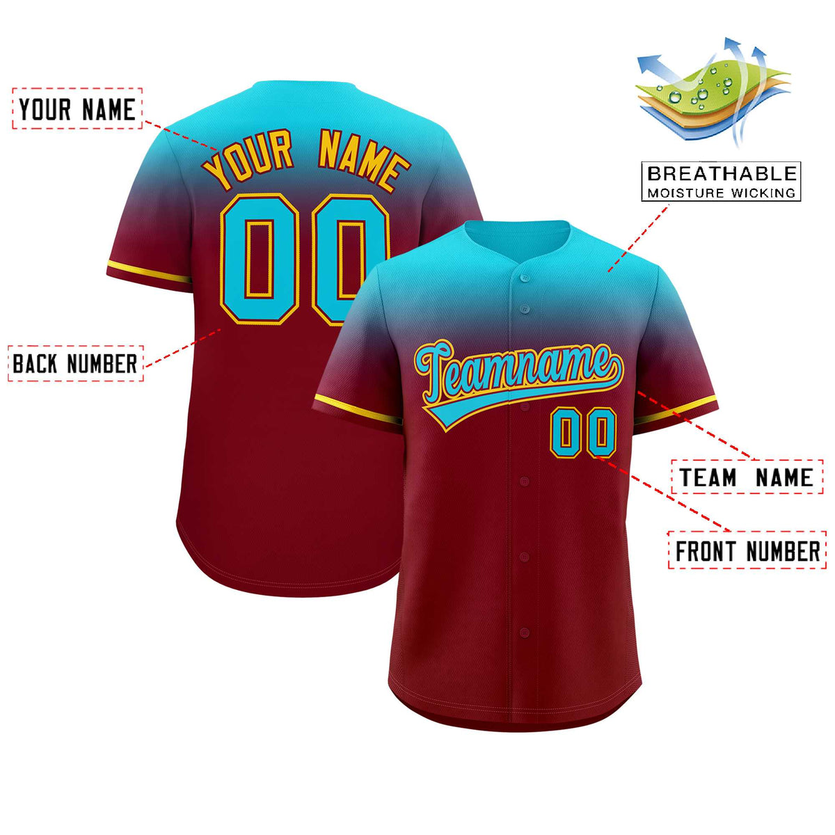 Custom Crimson Sky Blue Gradient Fashion Design Authentic Baseball Jersey | KXKSHOP