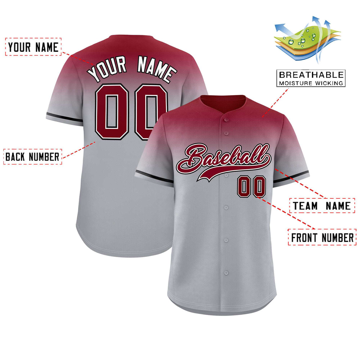 Custom Gray Crimson Gradient Fashion Design Authentic Baseball Jersey | KXKSHOP