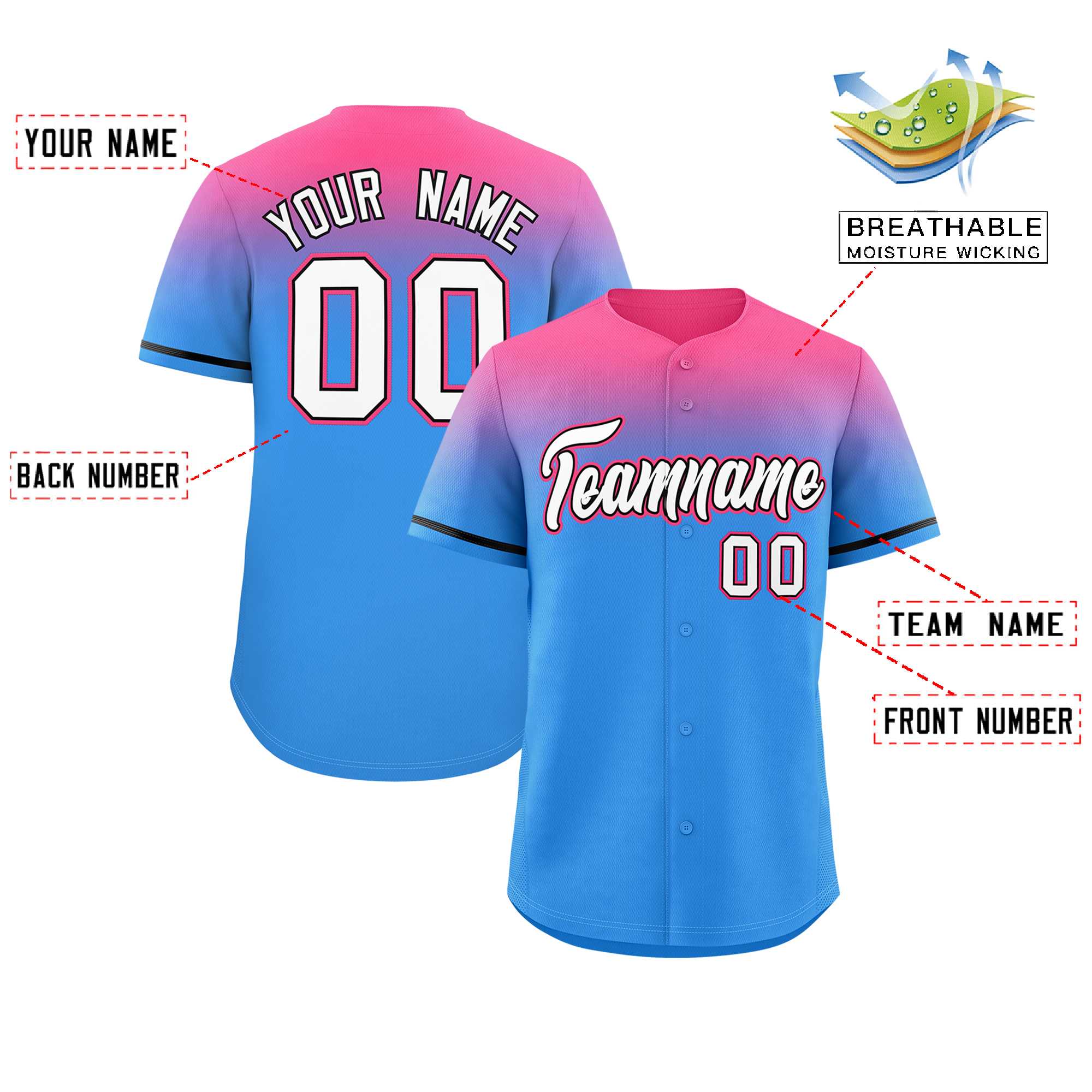 Custom Powder Blue Pink Gradient Fashion Design Authentic Baseball Jersey | KXKSHOP