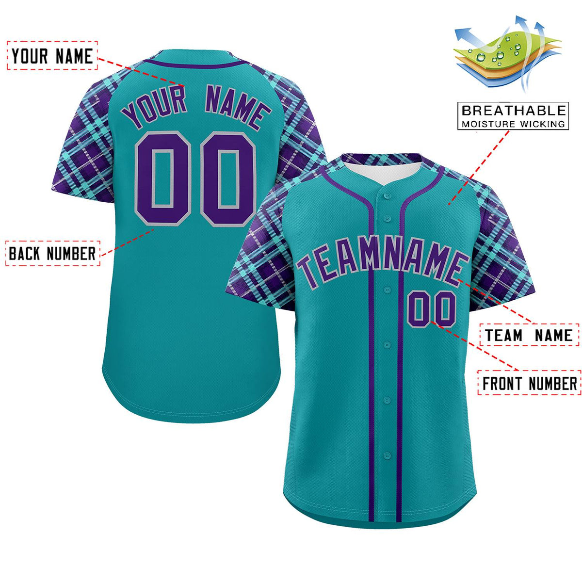 Custom Aqua Purple-Gray Personalized Raglan Sleeves Authentic Baseball Jersey | KXKSHOP