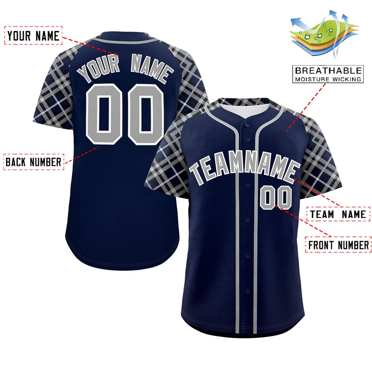 Custom Navy Gray-White Personalized Raglan Sleeves Authentic Baseball Jersey | KXKSHOP