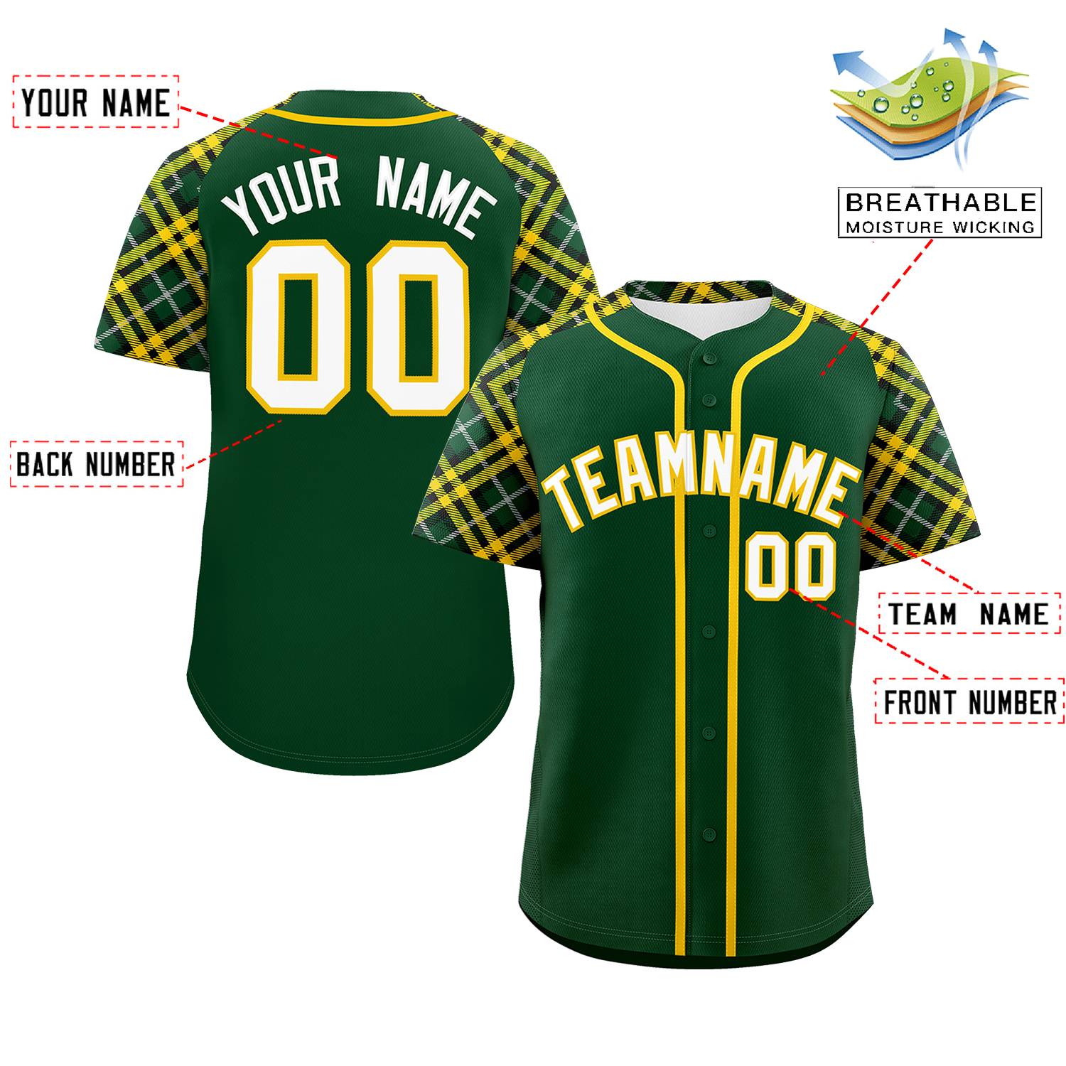 Custom Green White-Gold Personalized Raglan Sleeves Authentic Baseball Jersey | KXKSHOP