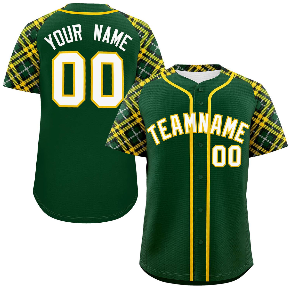 Custom Green White-Gold Personalized Raglan Sleeves Authentic Baseball Jersey | KXKSHOP