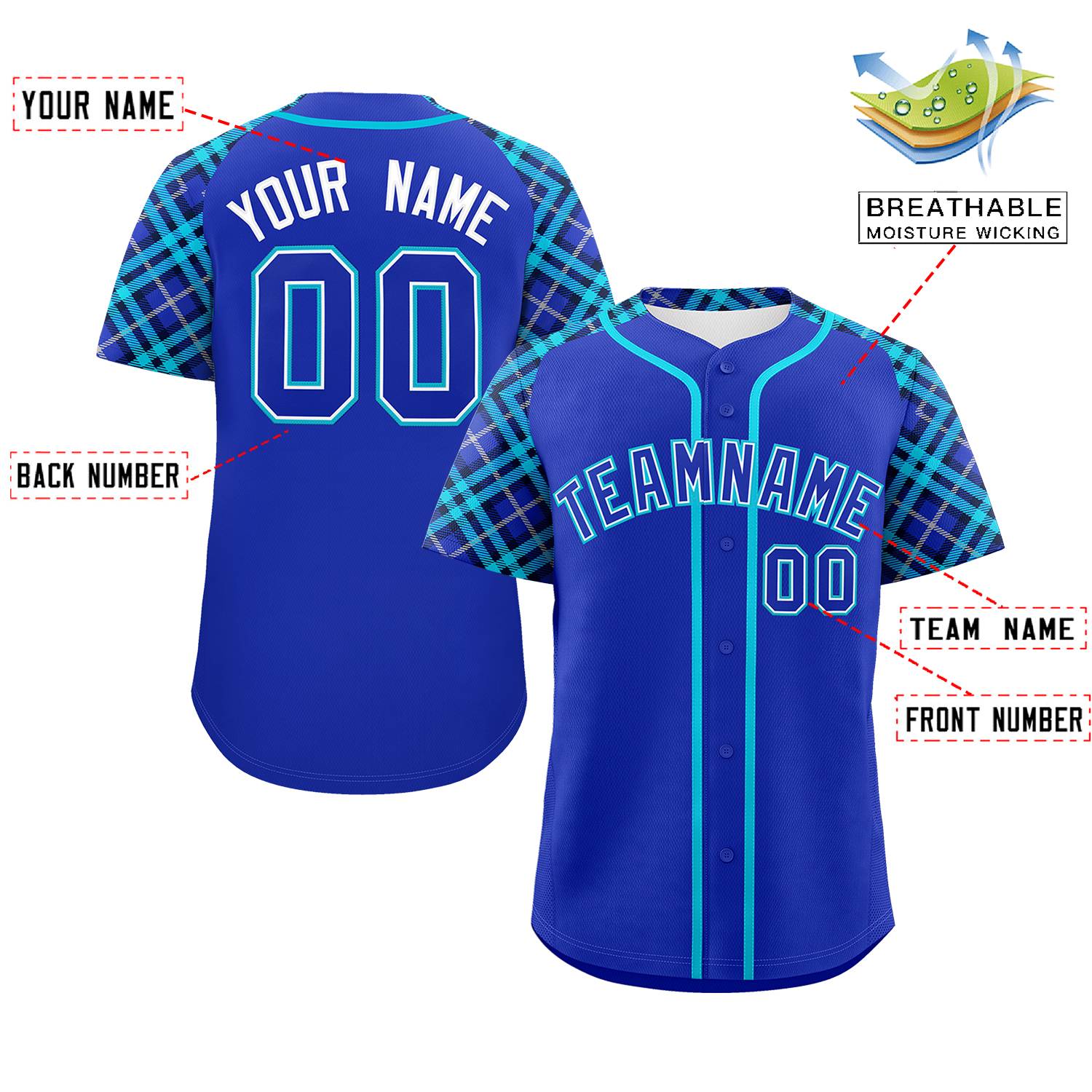 Custom Royal-Sky Blue Personalized Raglan Sleeves Authentic Baseball Jersey | KXKSHOP