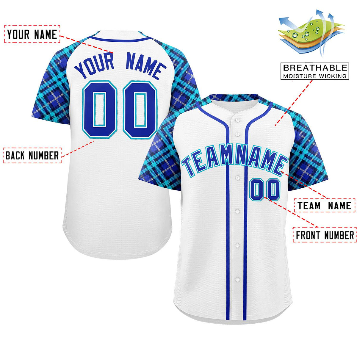 Custom White Royal-Sky Blue Personalized Raglan Sleeves Authentic Baseball Jersey | KXKSHOP