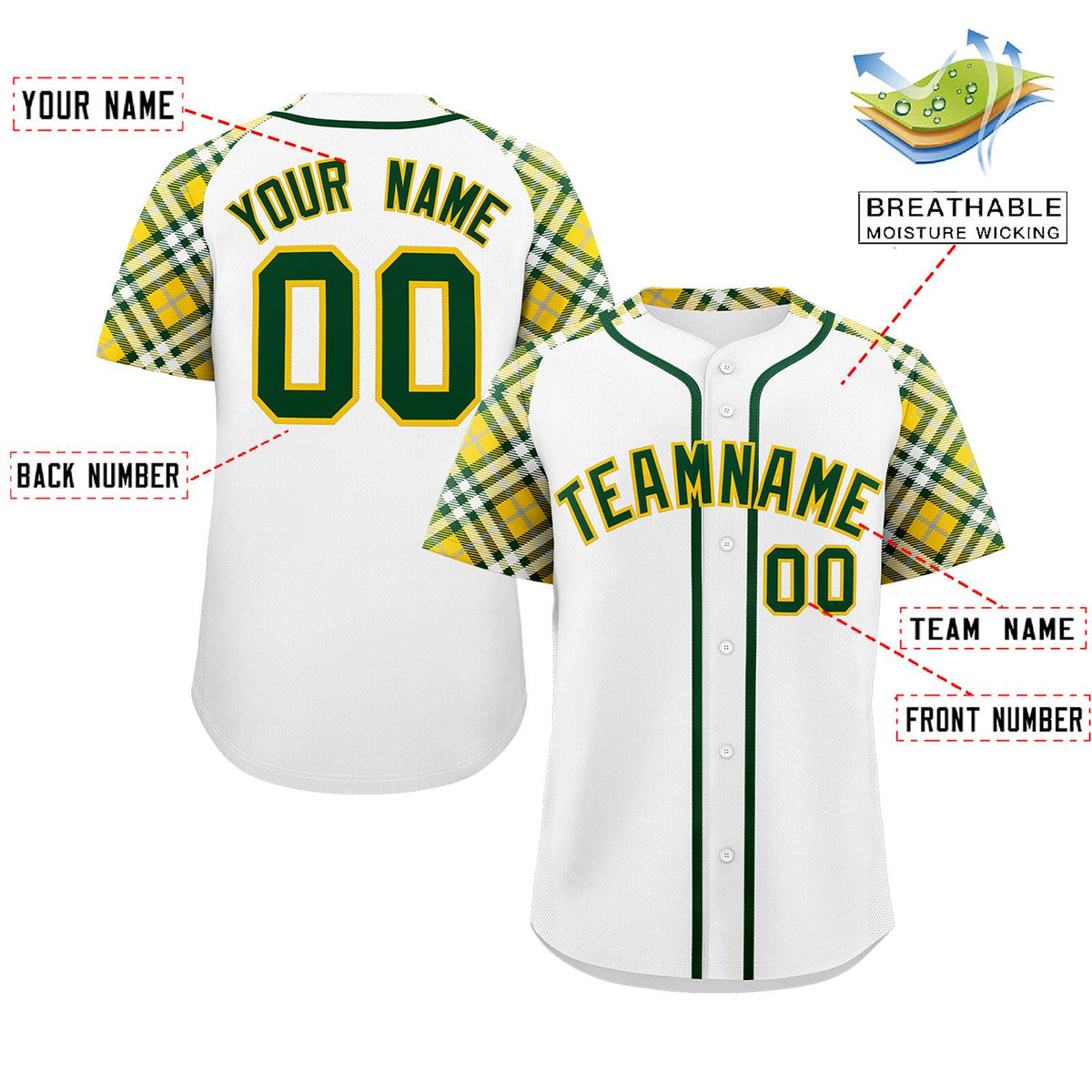 Custom White Green-Gold Personalized Raglan Sleeves Authentic Baseball Jersey | KXKSHOP