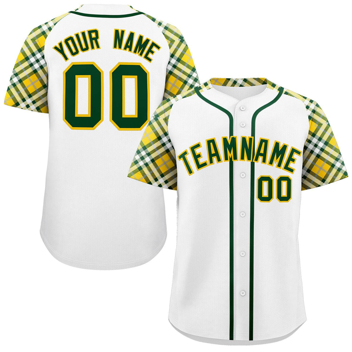 Custom White Green-Gold Personalized Raglan Sleeves Authentic Baseball Jersey | KXKSHOP