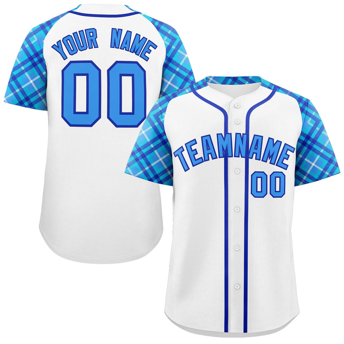 Custom White Powder Blue-Royal Personalized Raglan Sleeves Authentic Baseball Jersey | KXKSHOP