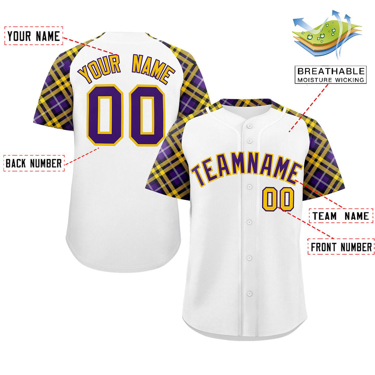 Custom White Purple-Gold Personalized Raglan Sleeves Authentic Baseball Jersey | KXKSHOP