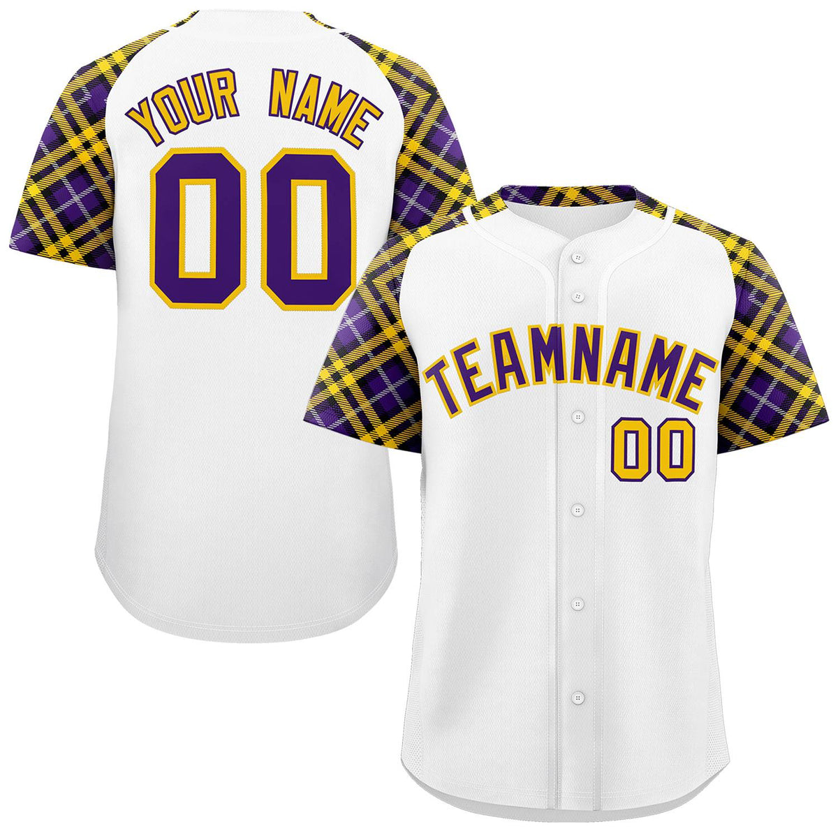 Custom White Purple-Gold Personalized Raglan Sleeves Authentic Baseball Jersey | KXKSHOP