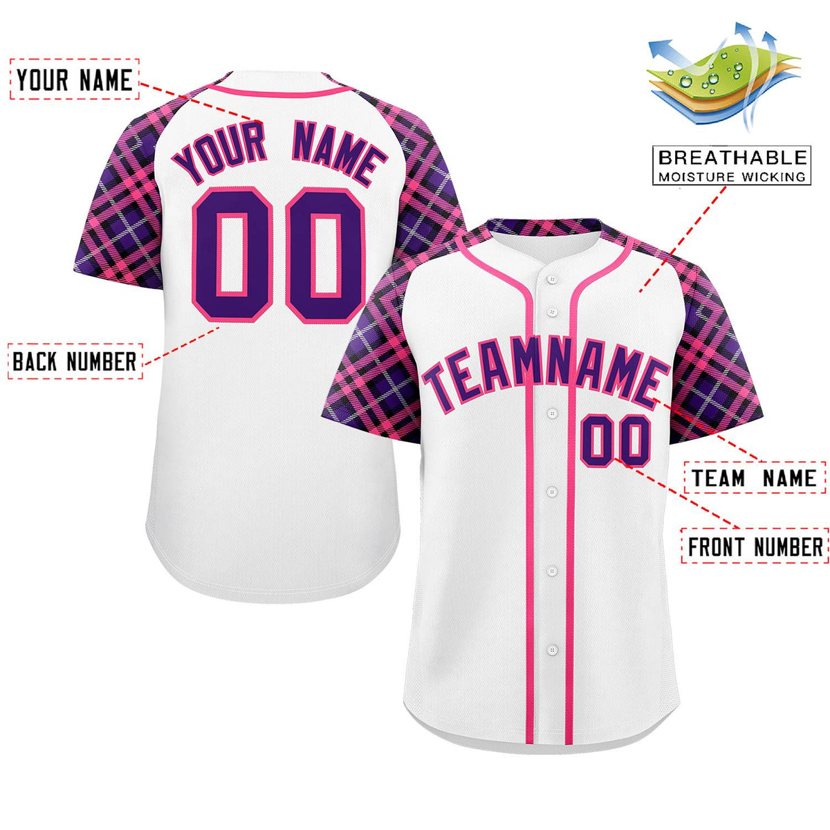 Custom White Purple-Pink Personalized Raglan Sleeves Authentic Baseball Jersey | KXKSHOP