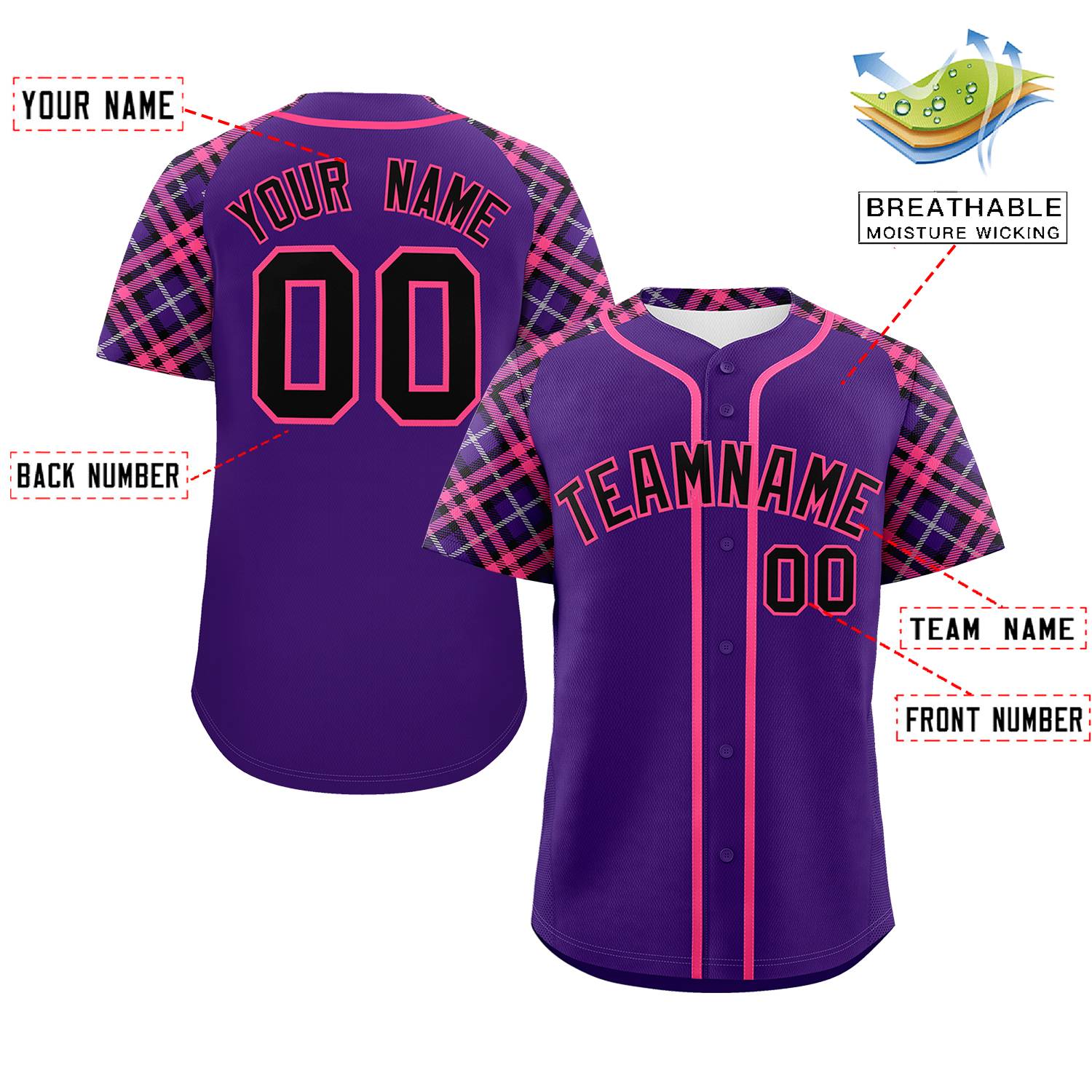 Custom Purple Black-Pink Personalized Raglan Sleeves Authentic Baseball Jersey | KXKSHOP