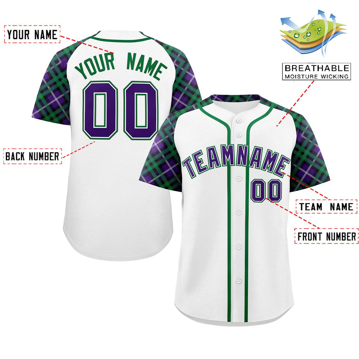Custom White Purple-Kelly Green Personalized Raglan Sleeves Authentic Baseball Jersey | KXKSHOP