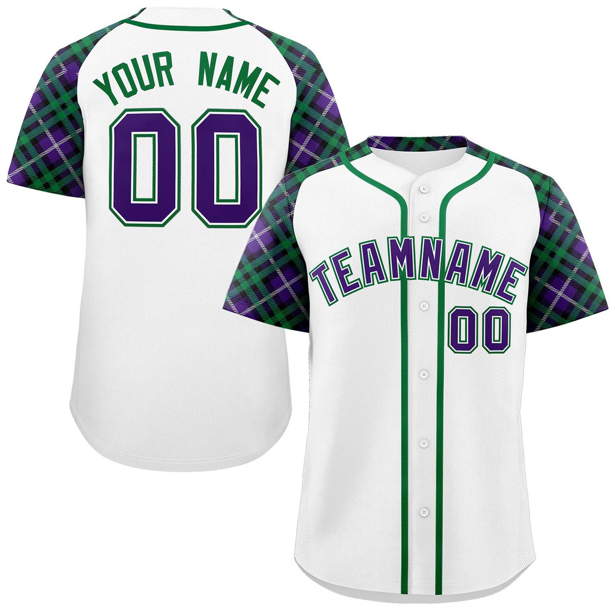 Custom White Purple-Kelly Green Personalized Raglan Sleeves Authentic Baseball Jersey | KXKSHOP