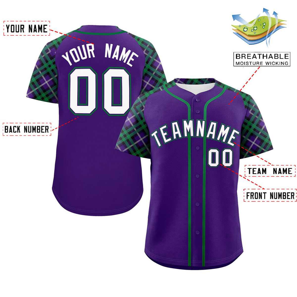 Custom Purple White-Kelly Green Personalized Raglan Sleeves Authentic Baseball Jersey | KXKSHOP