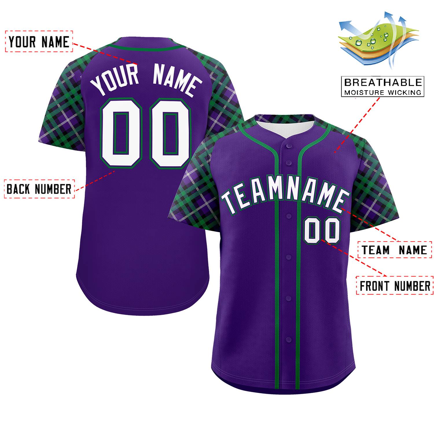 Custom Purple White-Kelly Green Personalized Raglan Sleeves Authentic Baseball Jersey | KXKSHOP