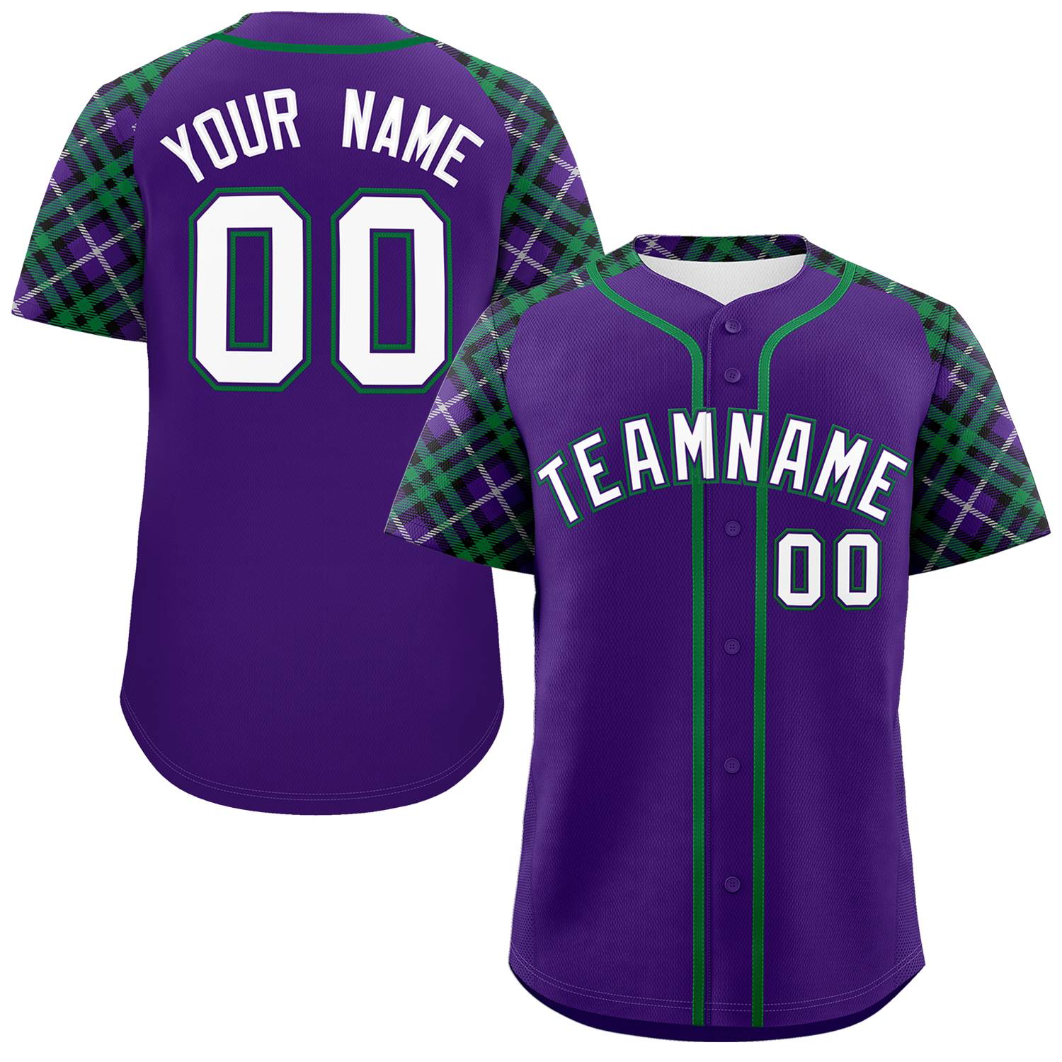 Custom Purple White-Kelly Green Personalized Raglan Sleeves Authentic Baseball Jersey | KXKSHOP
