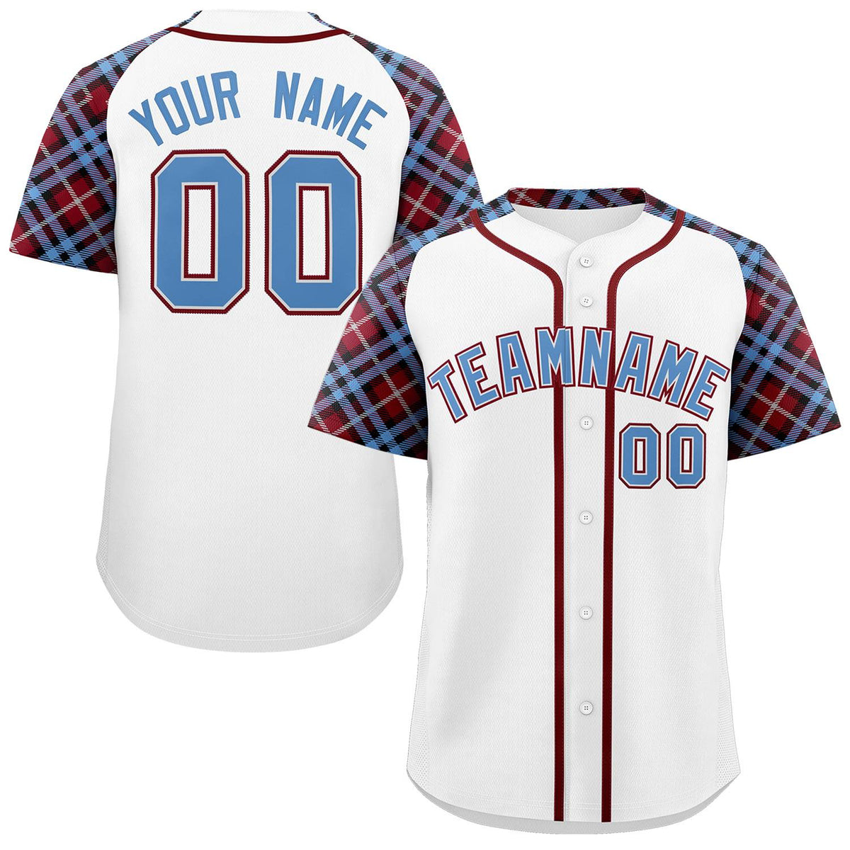 Custom White Light Blue-Crimson Personalized Raglan Sleeves Authentic Baseball Jersey | KXKSHOP