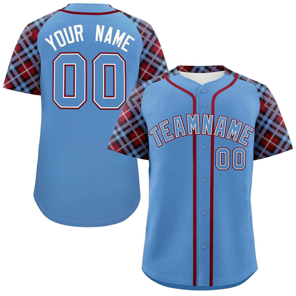Custom Light Blue-Crimson Personalized Raglan Sleeves Authentic Baseball Jersey | KXKSHOP
