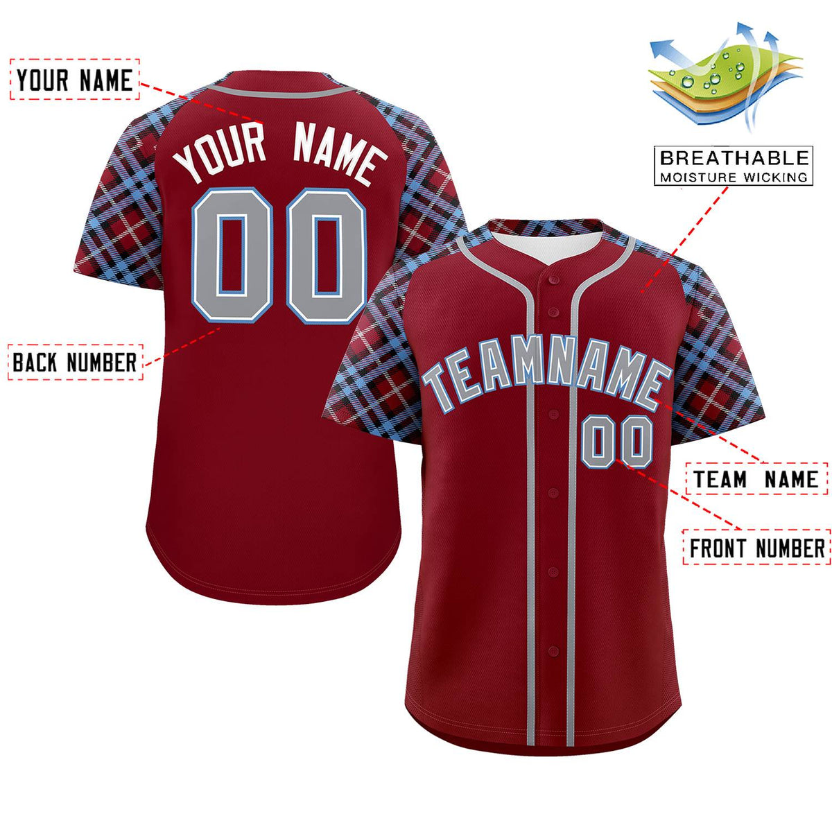 Custom Crimson Gray-Light Blue Personalized Raglan Sleeves Authentic Baseball Jersey | KXKSHOP