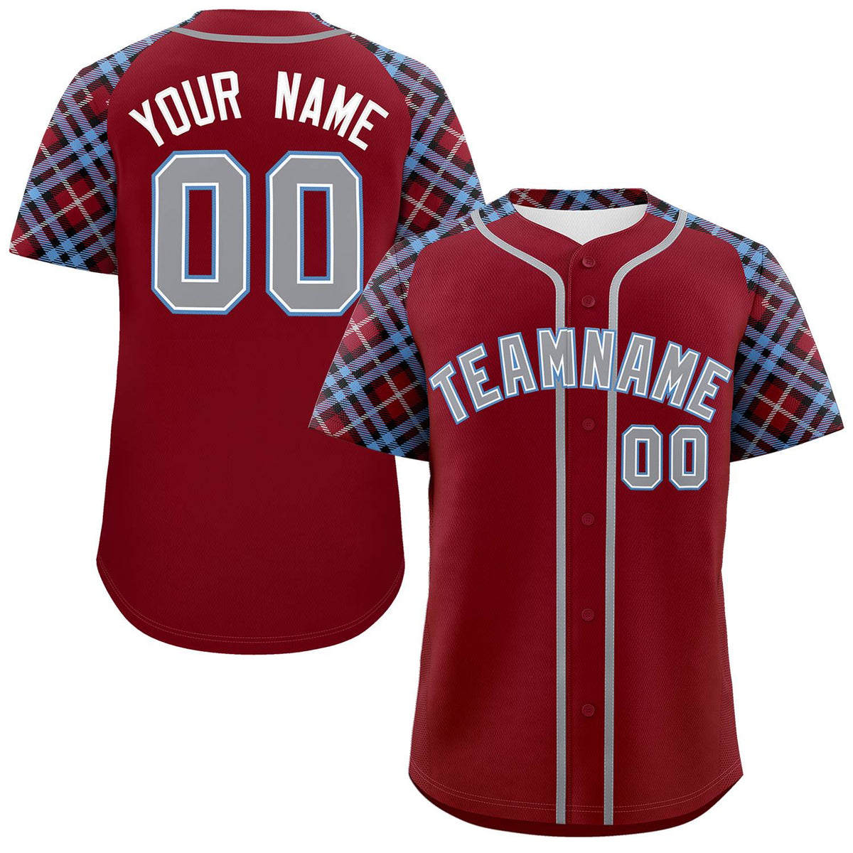 Custom Crimson Gray-Light Blue Personalized Raglan Sleeves Authentic Baseball Jersey | KXKSHOP