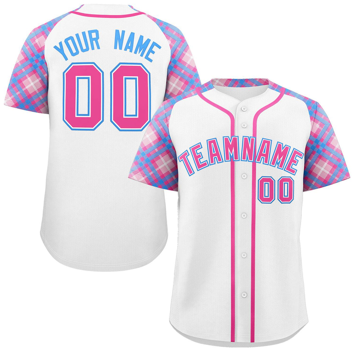 Custom White Pink-Powder Blue Personalized Raglan Sleeves Authentic Baseball Jersey | KXKSHOP