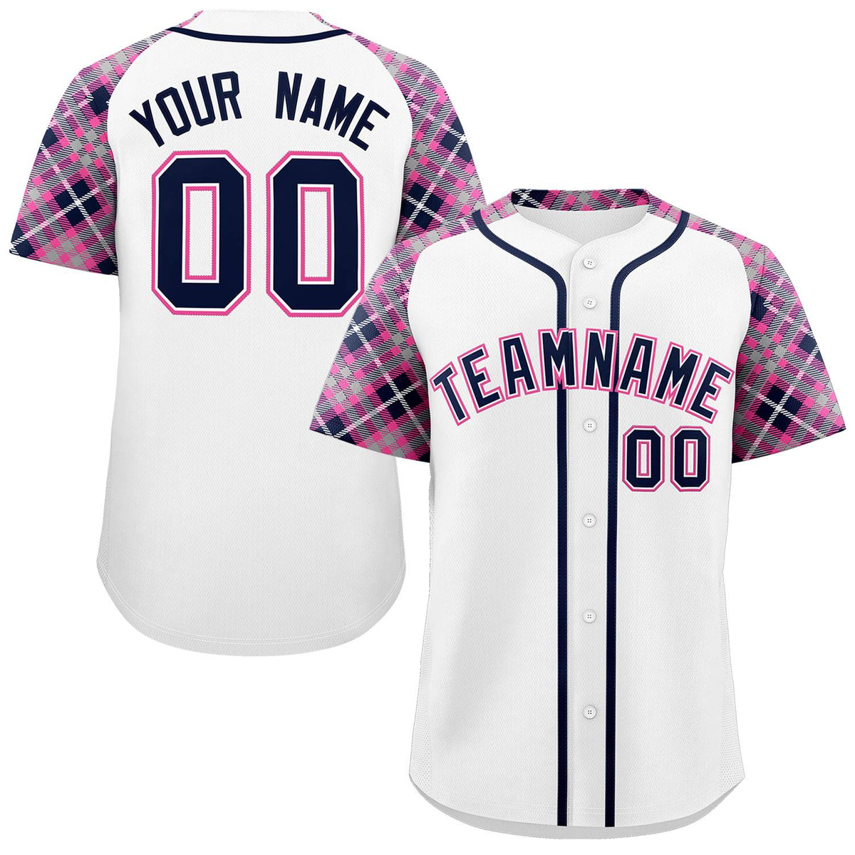 Custom White Navy-Pink Personalized Raglan Sleeves Authentic Baseball Jersey | KXKSHOP