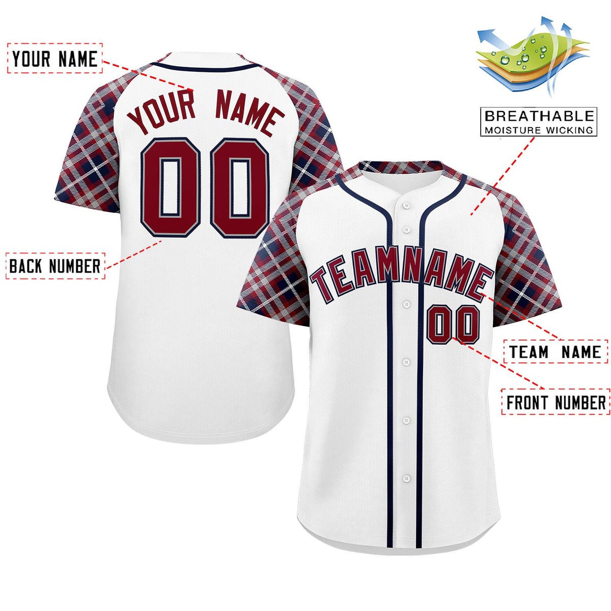 Custom White Crimson-Navy Personalized Raglan Sleeves Authentic Baseball Jersey | KXKSHOP