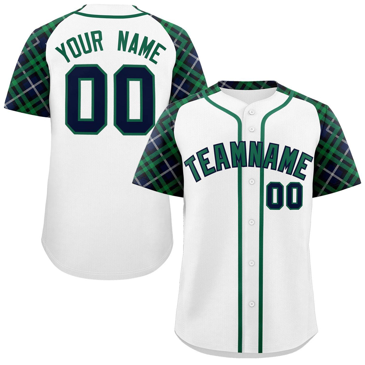 Custom White Kelly Green-Navy Personalized Raglan Sleeves Authentic Baseball Jersey | KXKSHOP