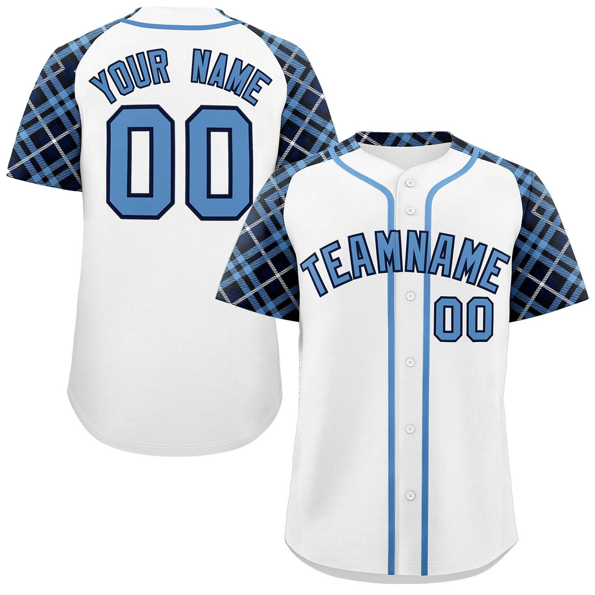 Custom White Light Blue-Navy Personalized Raglan Sleeves Authentic Baseball Jersey | KXKSHOP