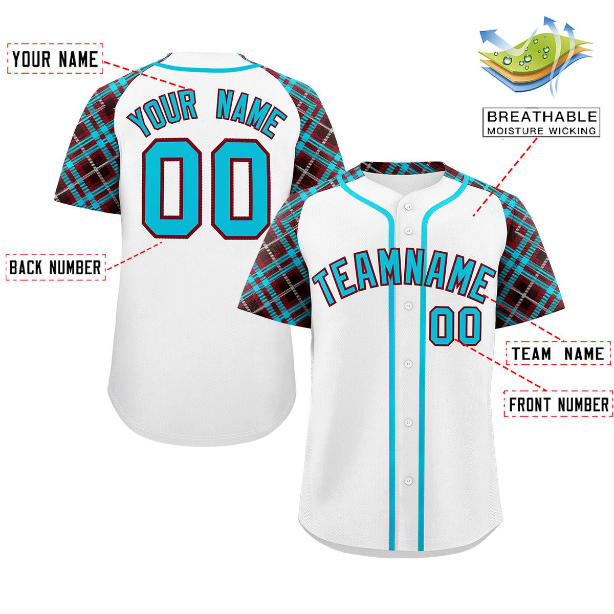 Custom White Sky Blue-Crimson Personalized Raglan Sleeves Authentic Baseball Jersey | KXKSHOP