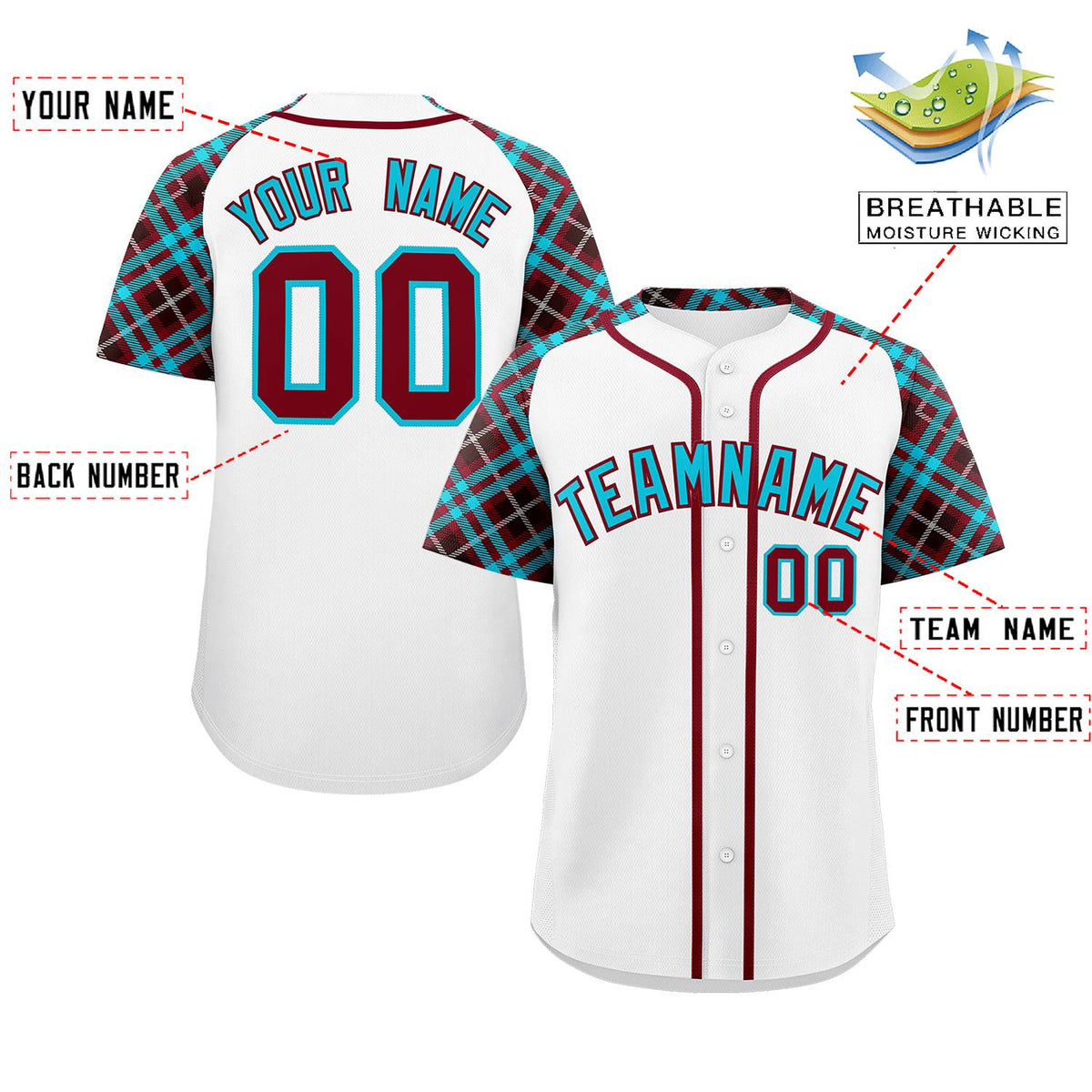Custom White Sky Blue-Crimson Personalized Raglan Sleeves Authentic Baseball Jersey | KXKSHOP