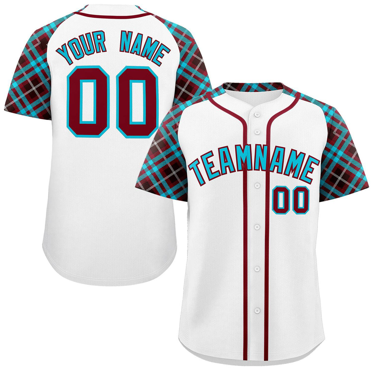 Custom White Sky Blue-Crimson Personalized Raglan Sleeves Authentic Baseball Jersey | KXKSHOP