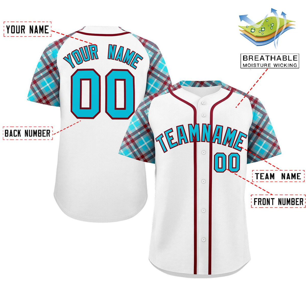 Custom White Sky Blue-Crimson Personalized Raglan Sleeves Authentic Baseball Jersey | KXKSHOP