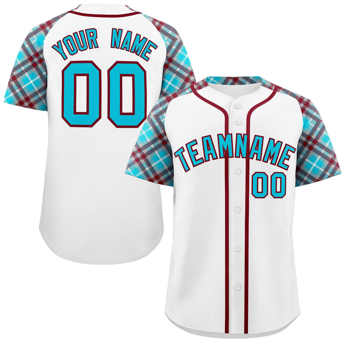 Custom White Sky Blue-Crimson Personalized Raglan Sleeves Authentic Baseball Jersey | KXKSHOP