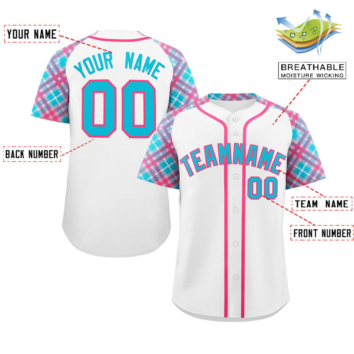 Custom White Powder Blue-Pink Personalized Raglan Sleeves Authentic Baseball Jersey | KXKSHOP