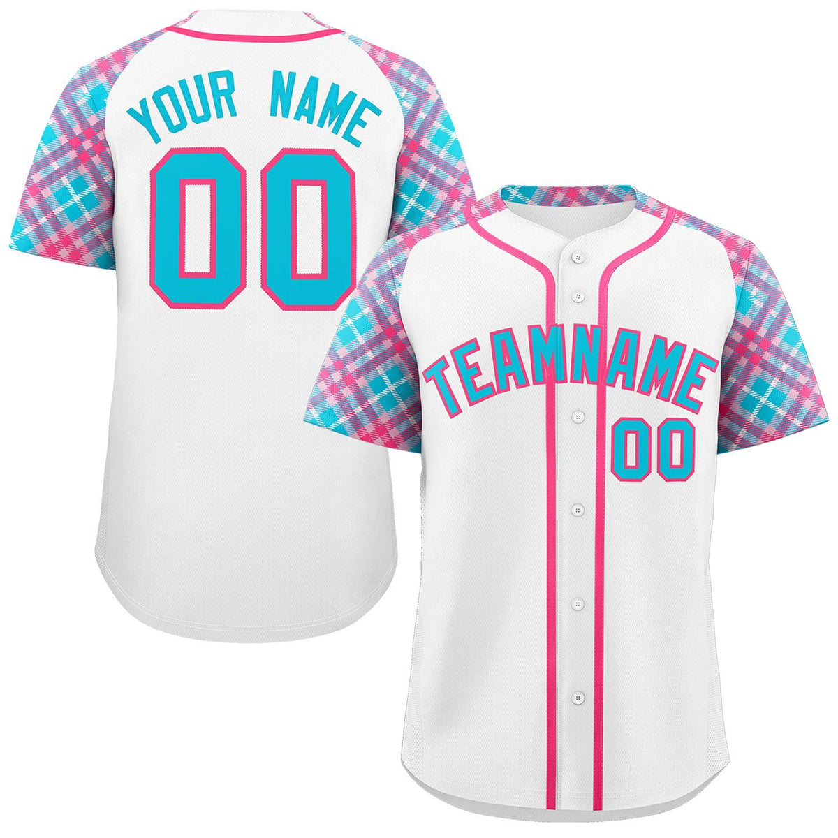 Custom White Powder Blue-Pink Personalized Raglan Sleeves Authentic Baseball Jersey | KXKSHOP