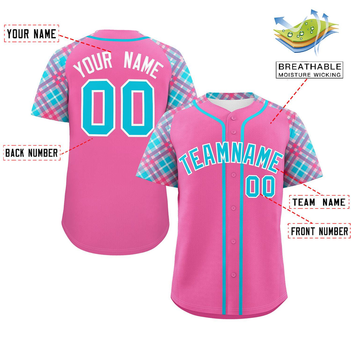 Custom Pink Sky Blue-White Personalized Raglan Sleeves Authentic Baseball Jersey | KXKSHOP