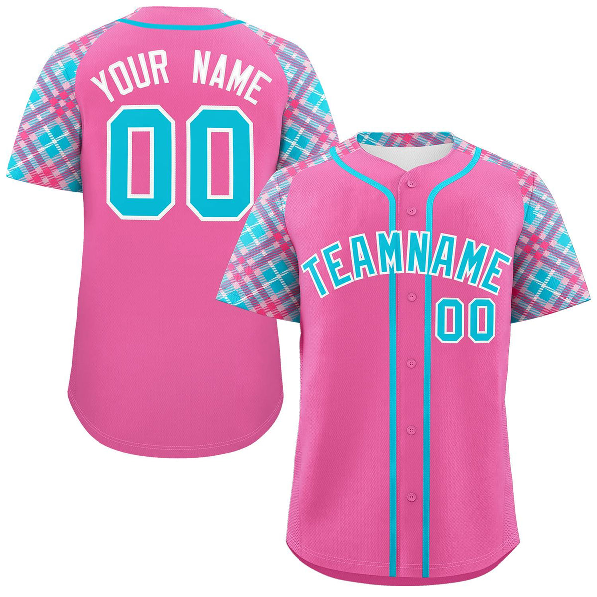 Custom Pink Sky Blue-White Personalized Raglan Sleeves Authentic Baseball Jersey | KXKSHOP