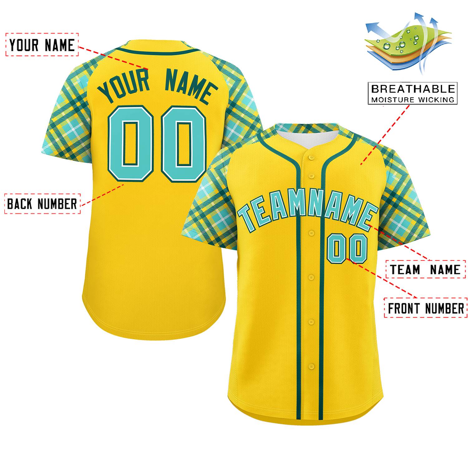 Custom Gold Bright Green-Midnight Green Personalized Raglan Sleeves Authentic Baseball Jersey | KXKSHOP