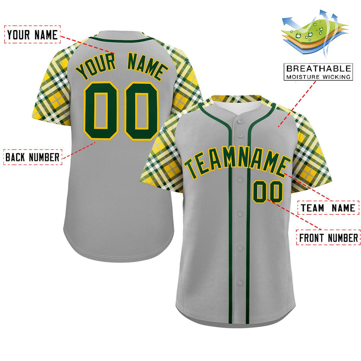 Custom Gray Green-Gold Personalized Raglan Sleeves Authentic Baseball Jersey | KXKSHOP