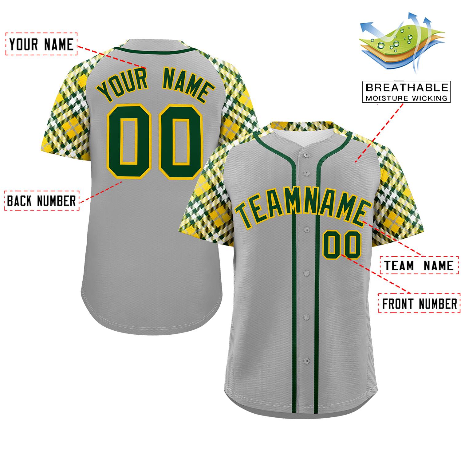 Custom Gray Green-Gold Personalized Raglan Sleeves Authentic Baseball Jersey | KXKSHOP